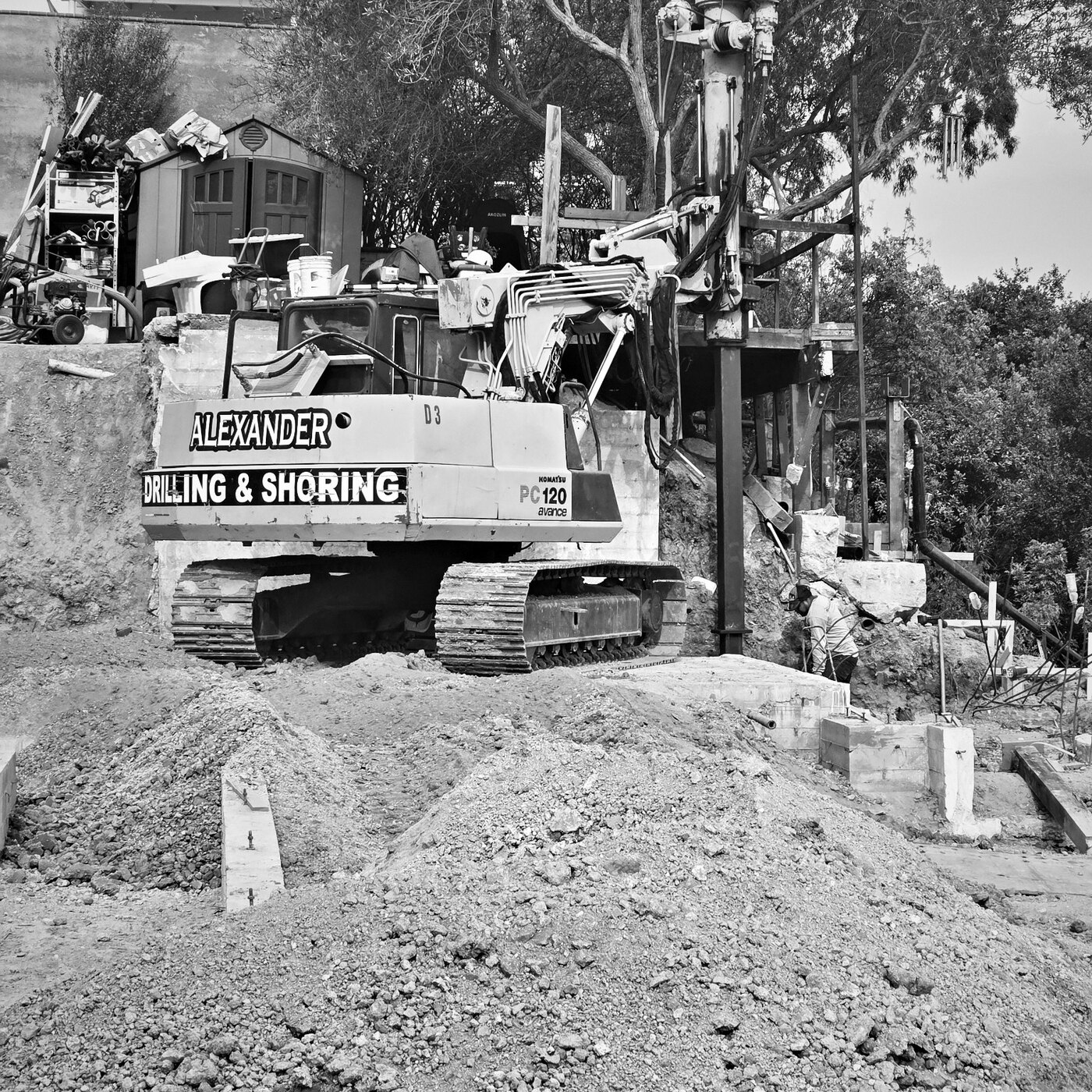 Alexander drilling and shoring rig performing hillside foundation work at 4501 Via Corona