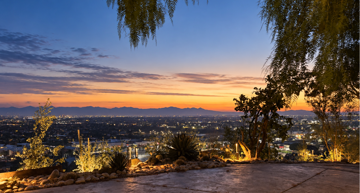 Dawn view across the Los Angeles basin and mountain horizon from 4501 Via Corona