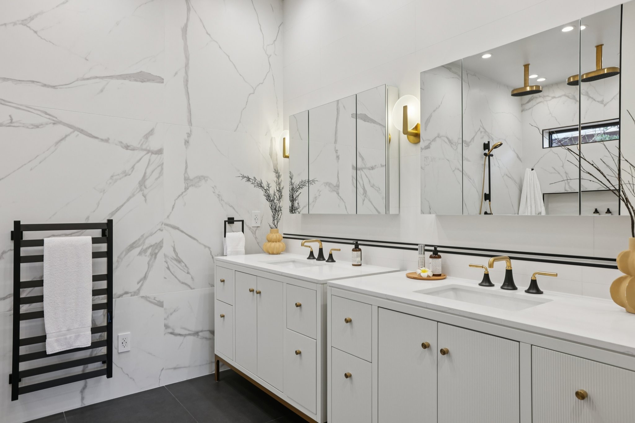 Wide view of the primary bathroom