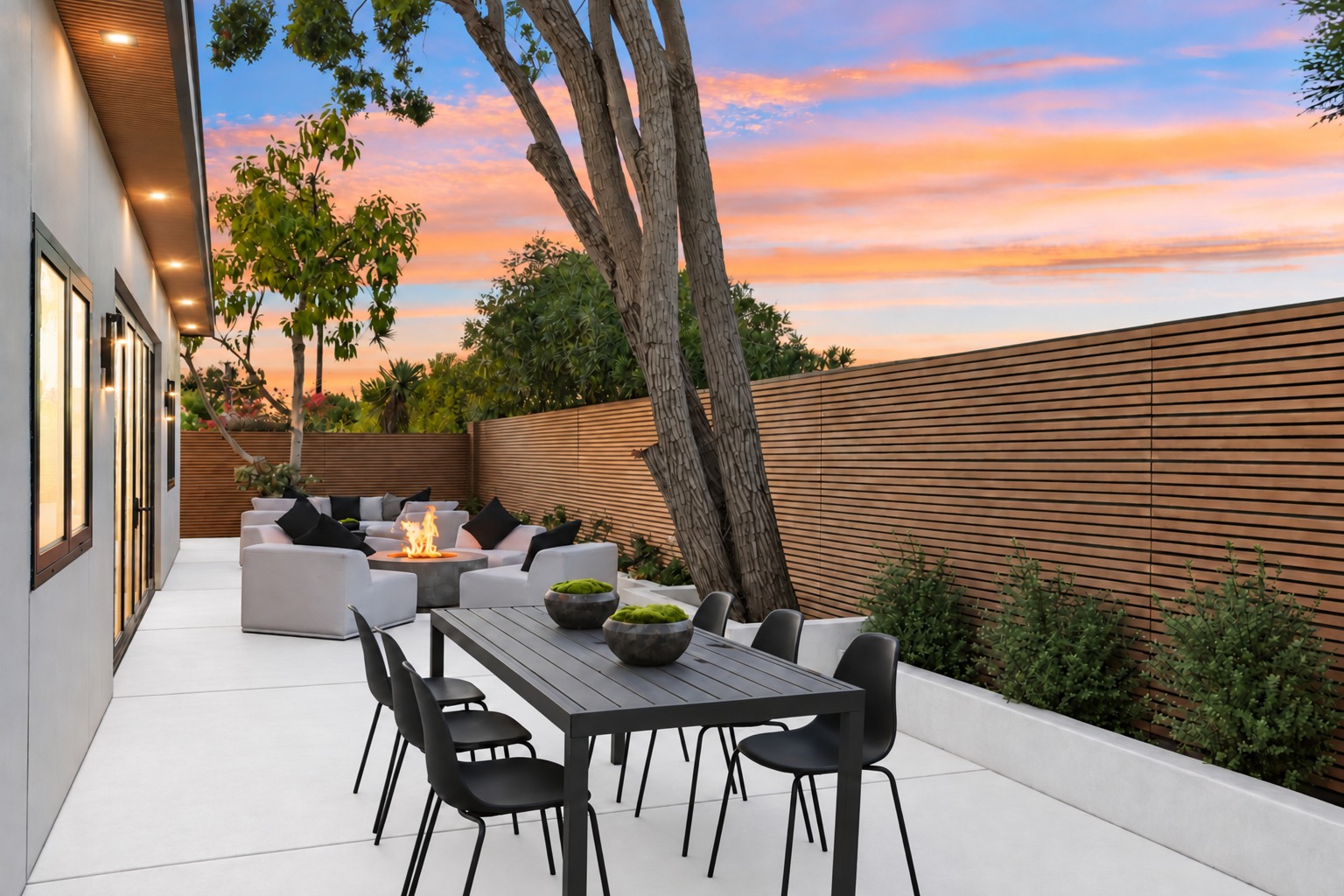 Side yard dining and fire lounge at twilight