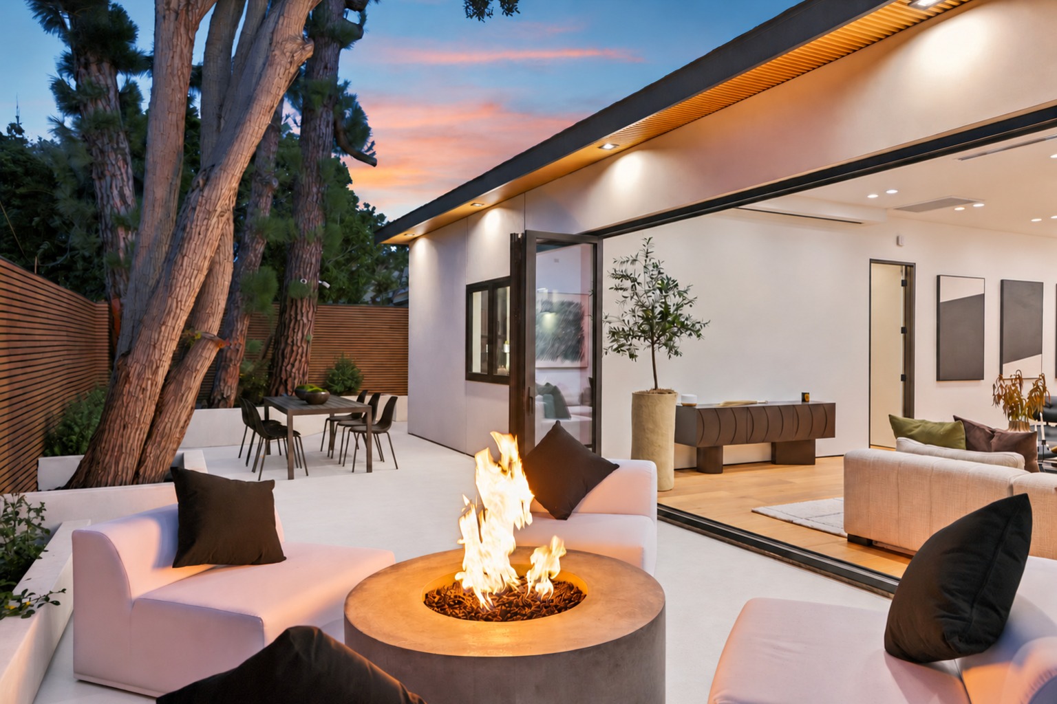 The Light House courtyard and indoor-outdoor living space at twilight