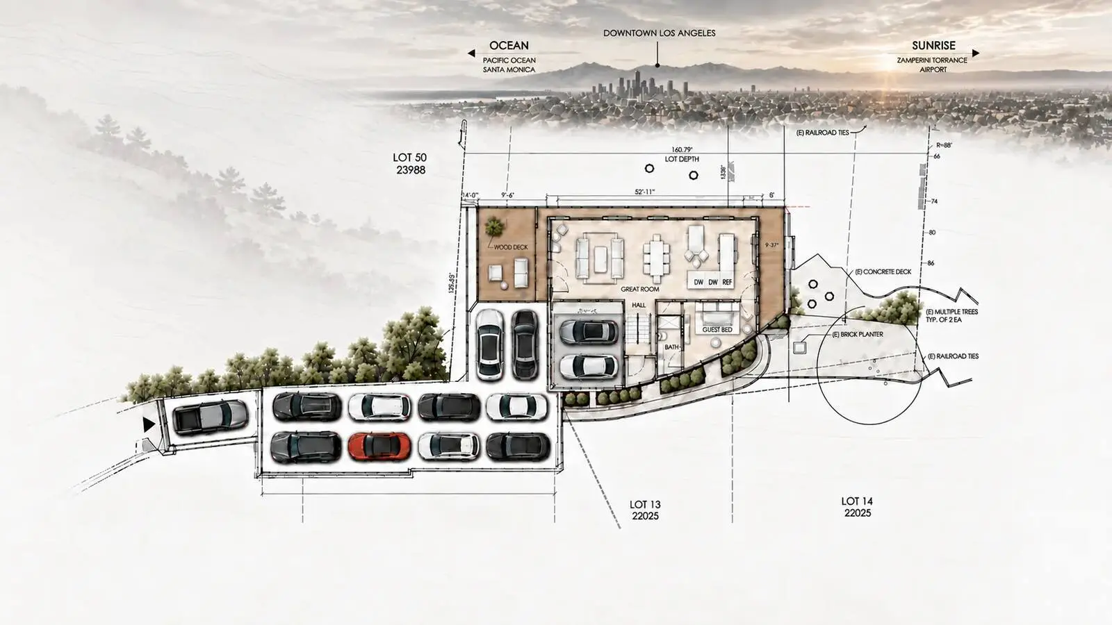 Illustrated site strategy for The Crown showing the hillside plan, private motor court, parking and view corridors
