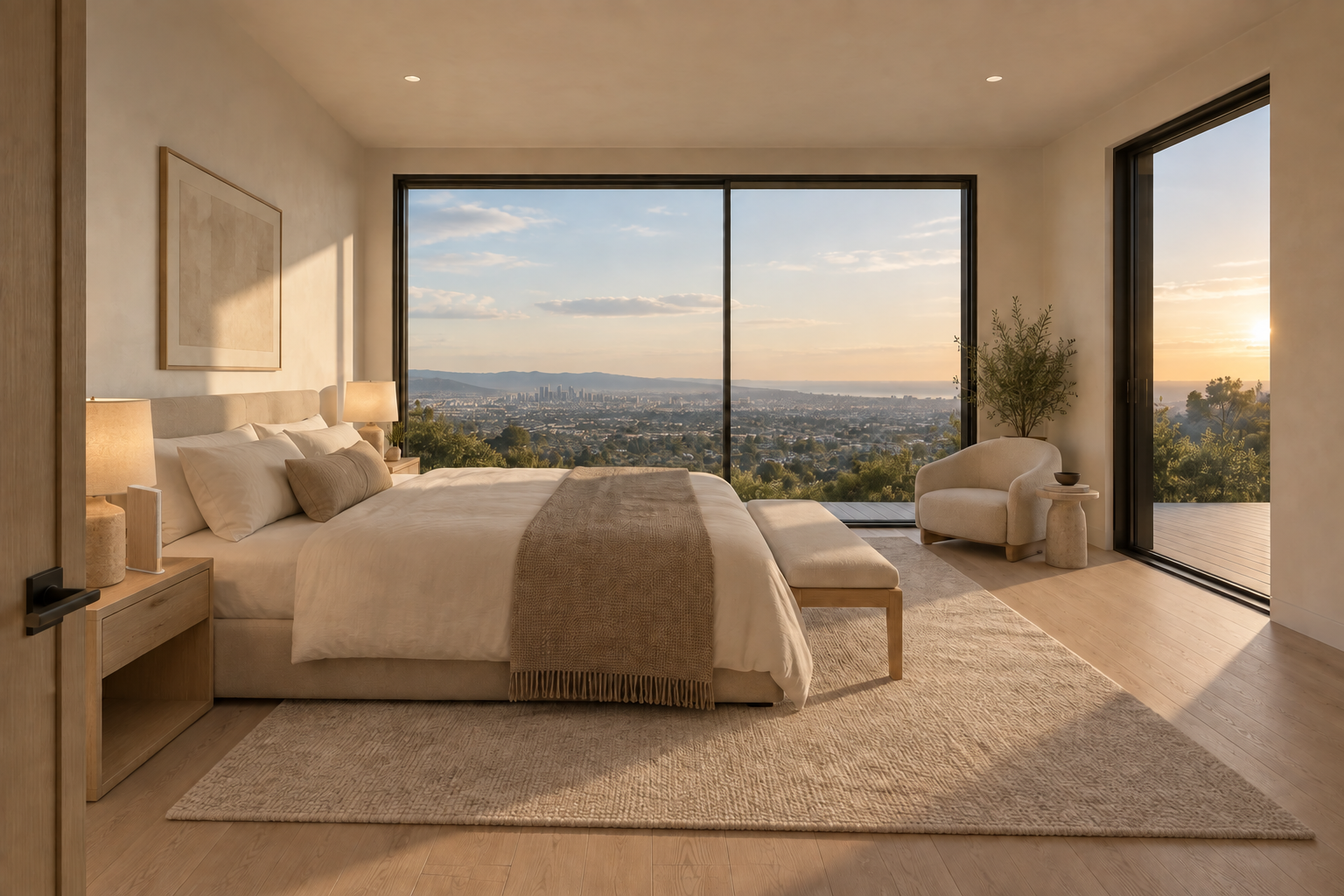 Warm modern rendering of Arne's bedroom with a compact oak Beosound Emerge and black-framed corner glazing and a distant Los Angeles view