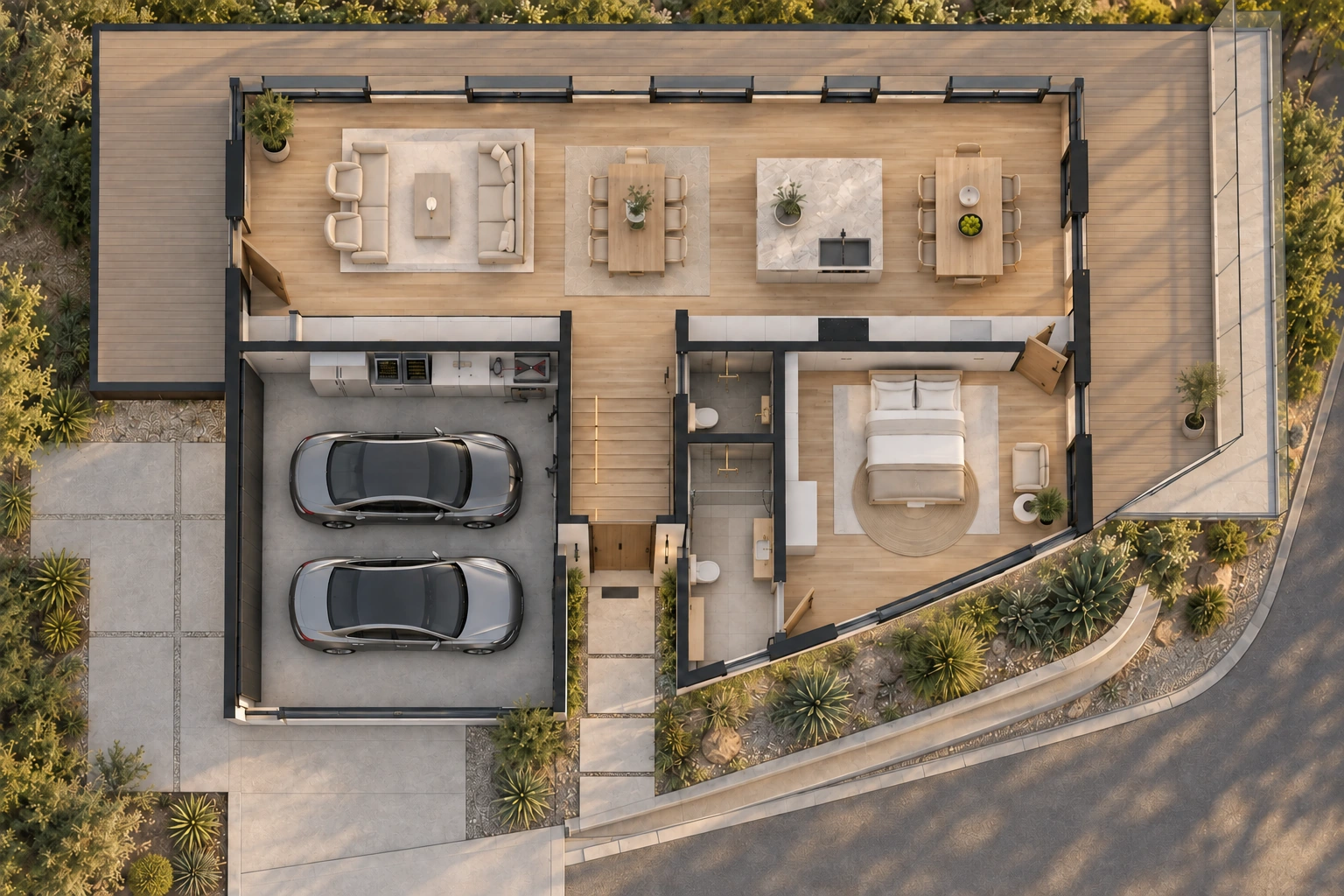 Plan-aligned overhead visualization of The Crown second floor with the great room, kitchen, garage, hall, powder room, bath and guest bedroom
