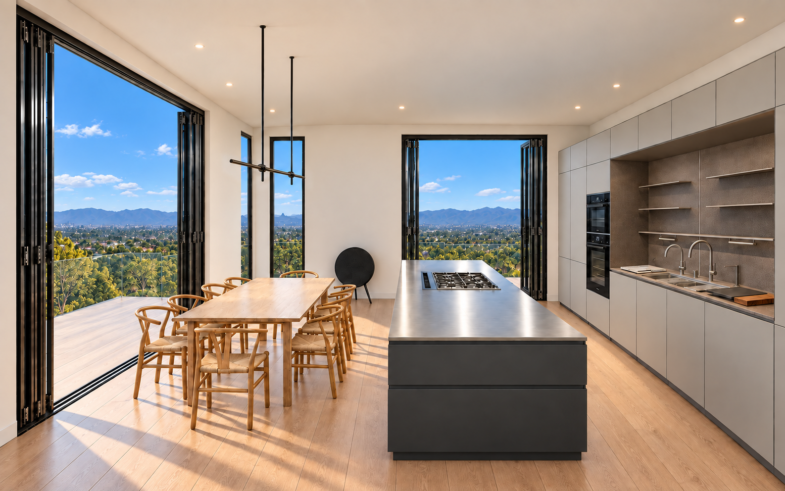 The Crown kitchen design with oak flooring and glass railing