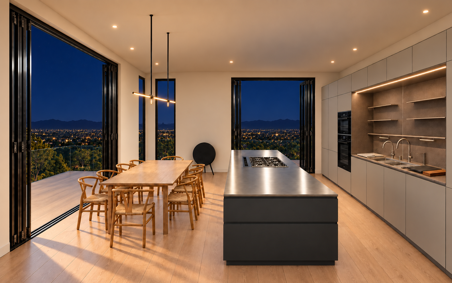 The Crown kitchen with distant city lights