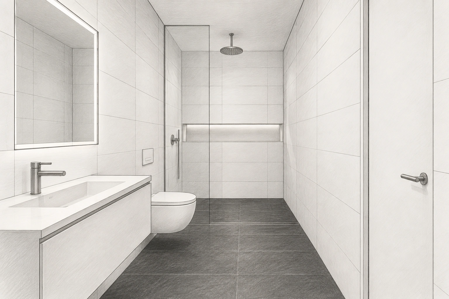 Arne bathroom pencil architectural design study with white tiled walls and dark tiled flooring and ceiling-mounted rain shower