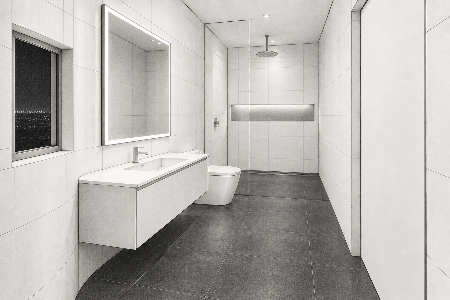 Guest bathroom pencil architectural design study with white tiled walls and dark tiled flooring and ceiling-mounted rain shower