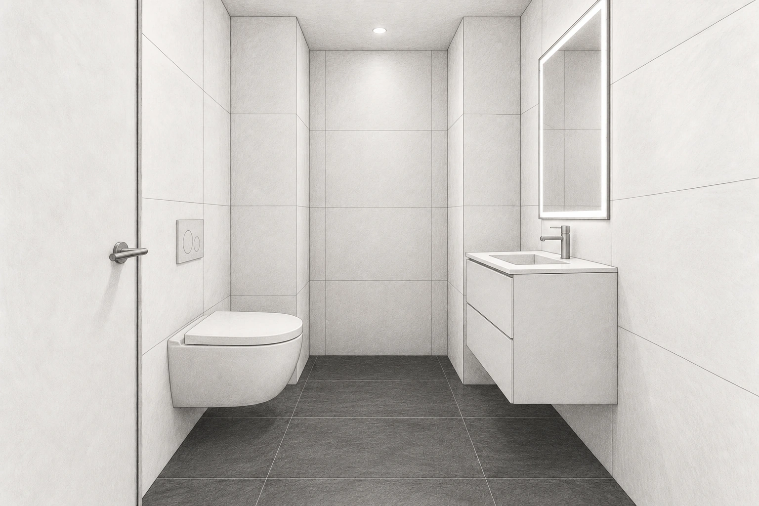 Powder room pencil architectural design study with white tiled walls and dark tiled flooring