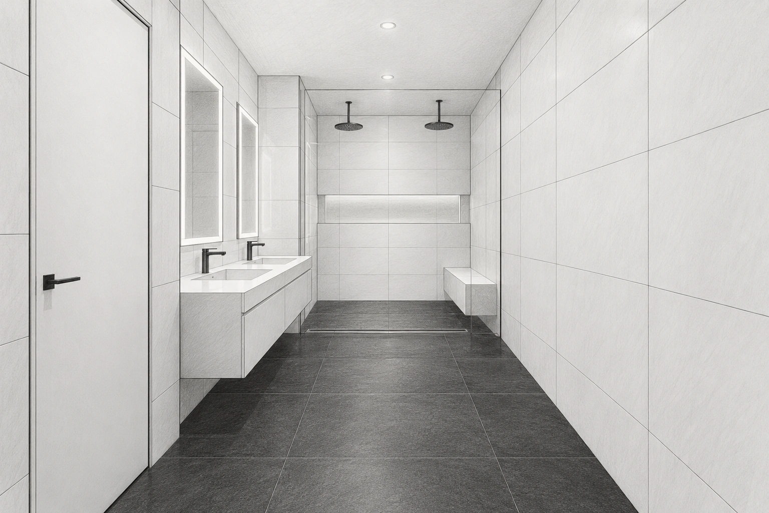 Primary bathroom pencil architectural design study with white tiled walls and dark tiled flooring and ceiling-mounted rain shower