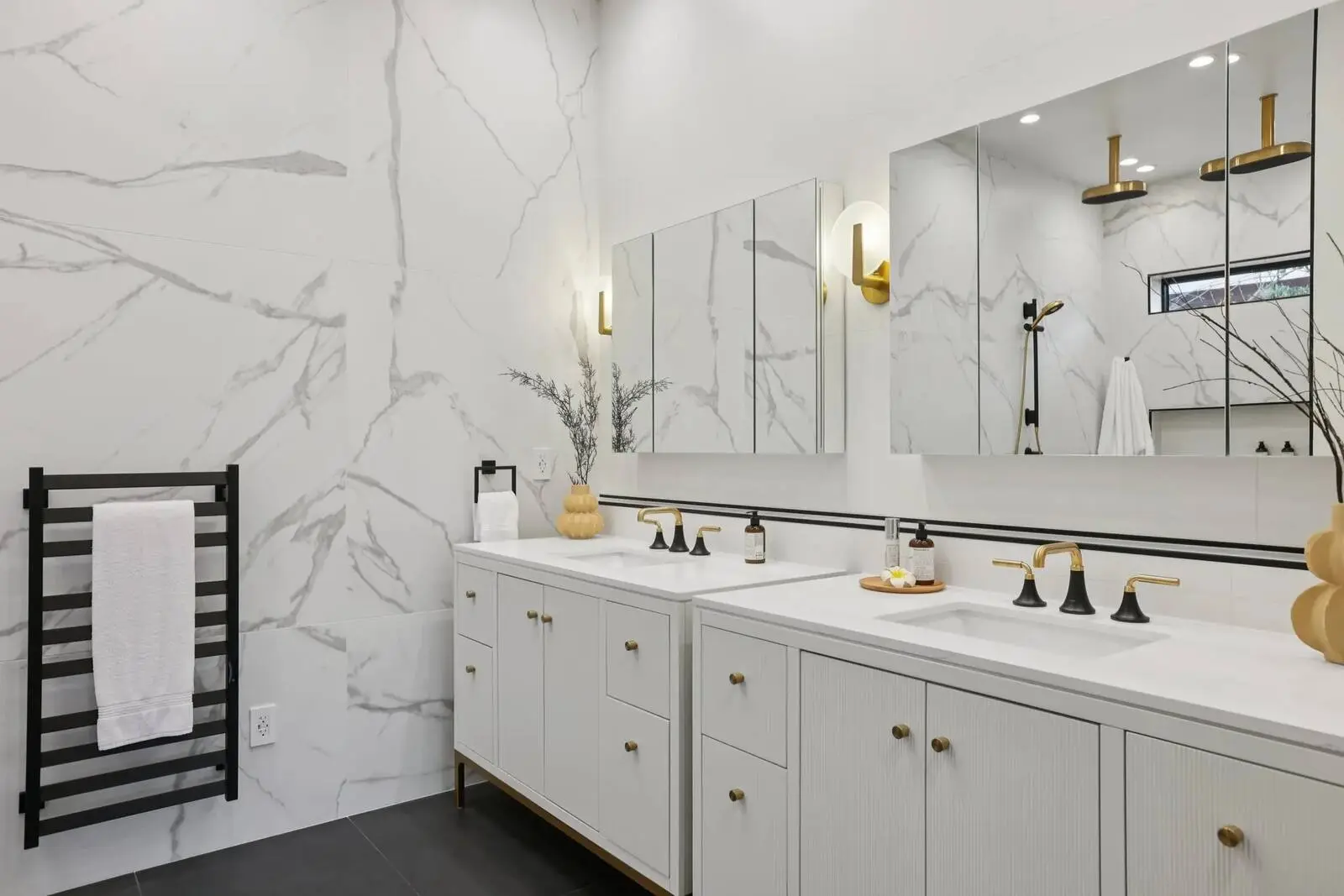 Wide view of the primary bathroom