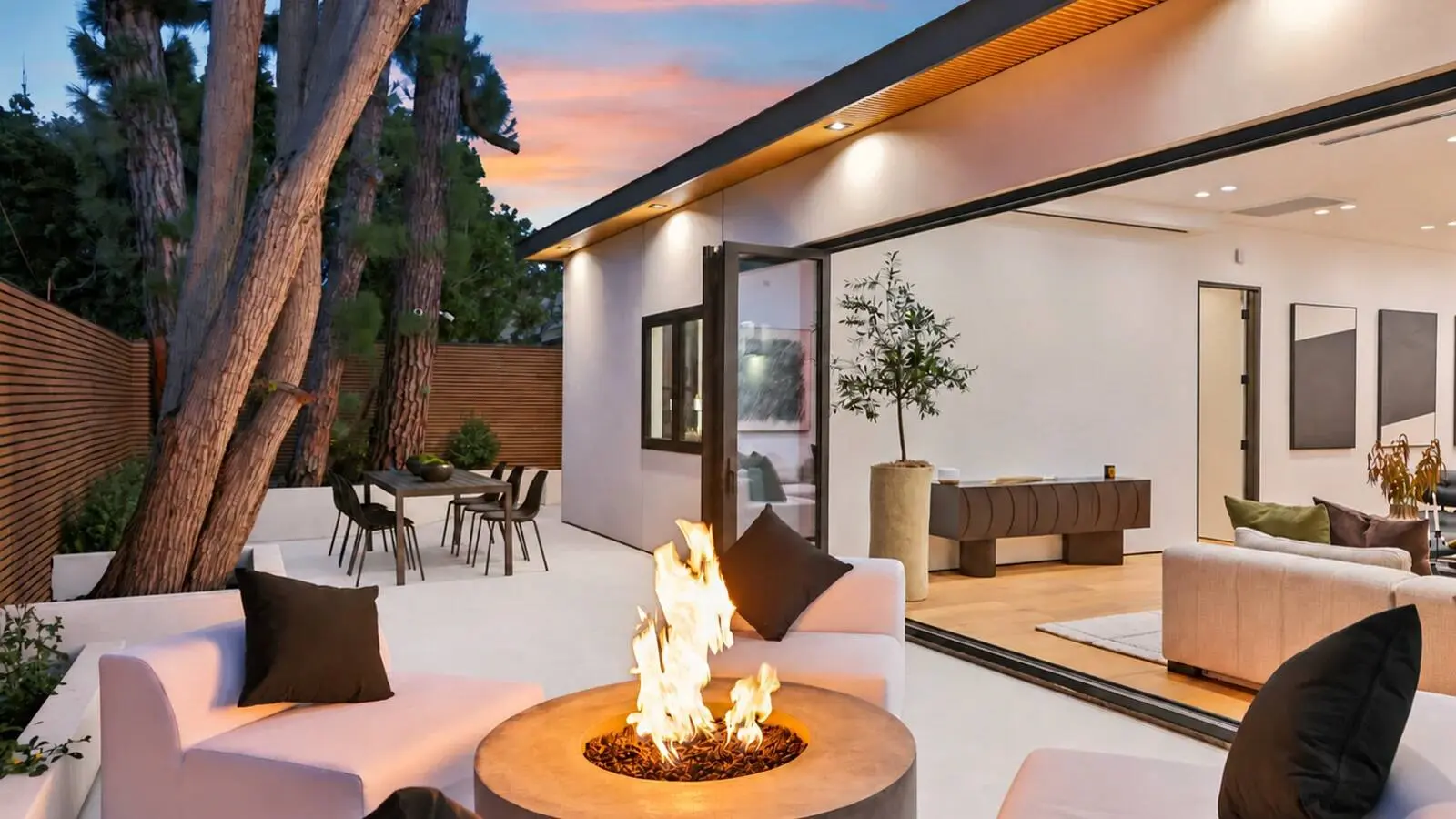 The Light House courtyard and indoor-outdoor living space at twilight