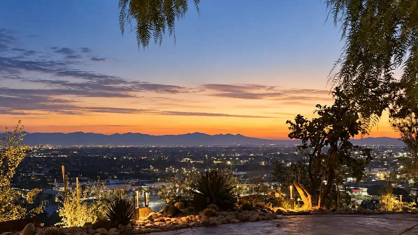 Dawn view across the Los Angeles basin and mountain horizon from 4501 Via Corona