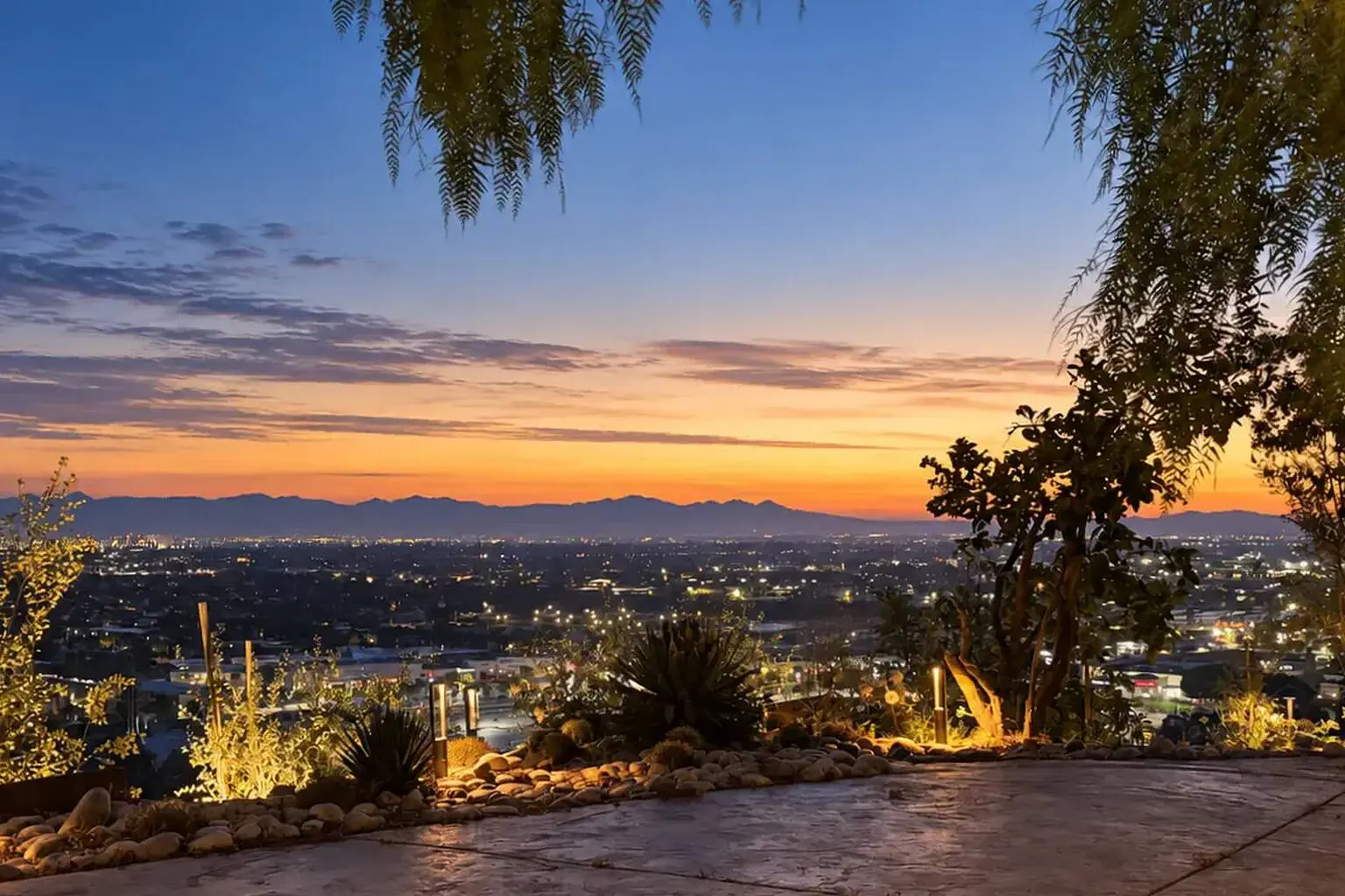 Dawn view across the Los Angeles basin and mountain horizon from The Crown