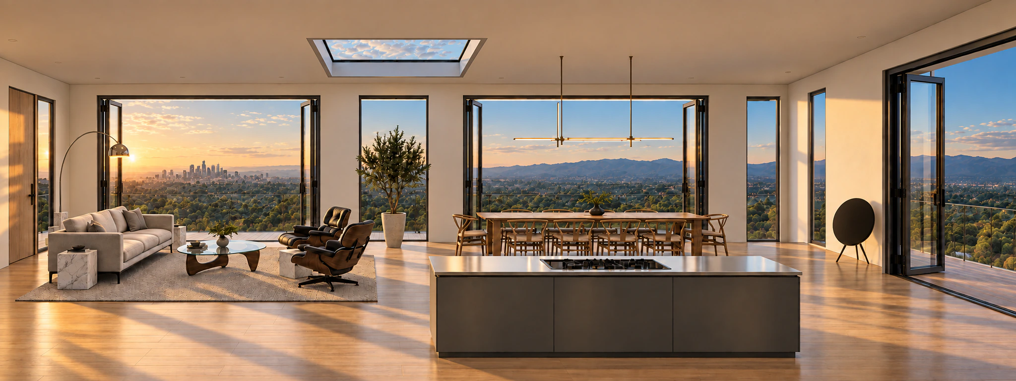 Great room and kitchen — the same golden-hour design preview shown on the homepage